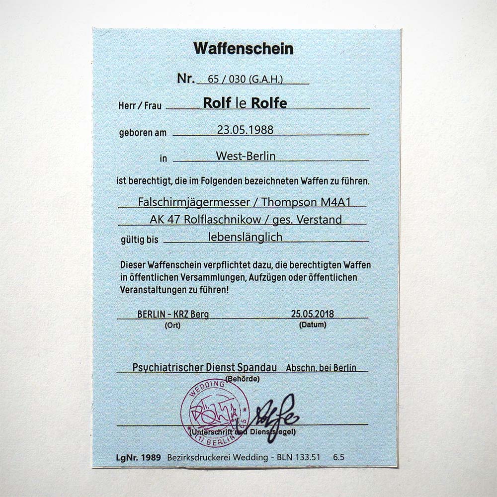 ROLF LE ROLFE: "Waffenschein" - Sticker - Aufkleber aus Berlin - Streetart Galerie SALZIG