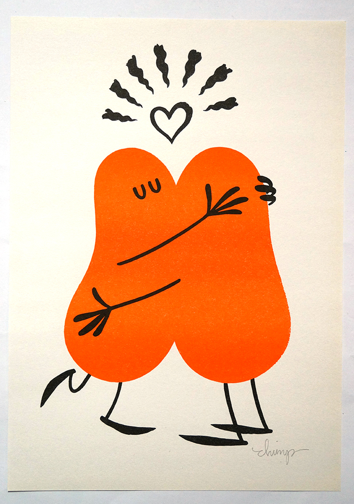 Dave the Chimp: "Hug"  - 2 Colour Risograph Print