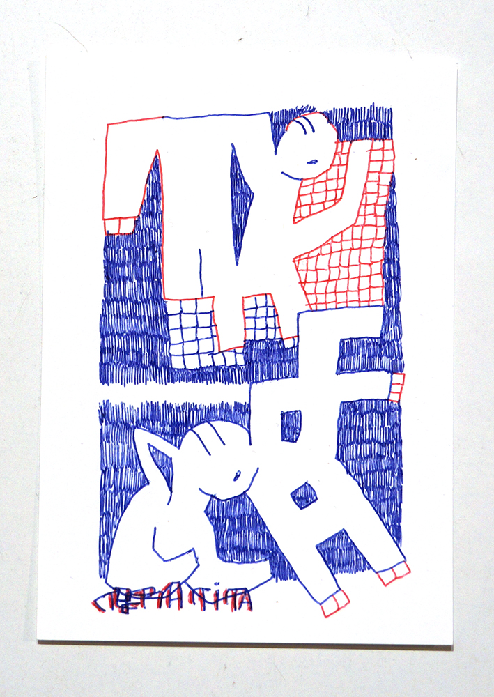 Tefra90: "Drawing 5" Original Postcard - Red Blue Series