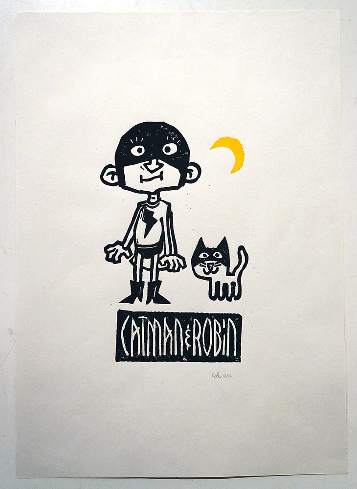 Stefan Hoch: "Catman & Robin" - 10/15  - 2 color linoprint on paper - streetart berlin - salzig berlin