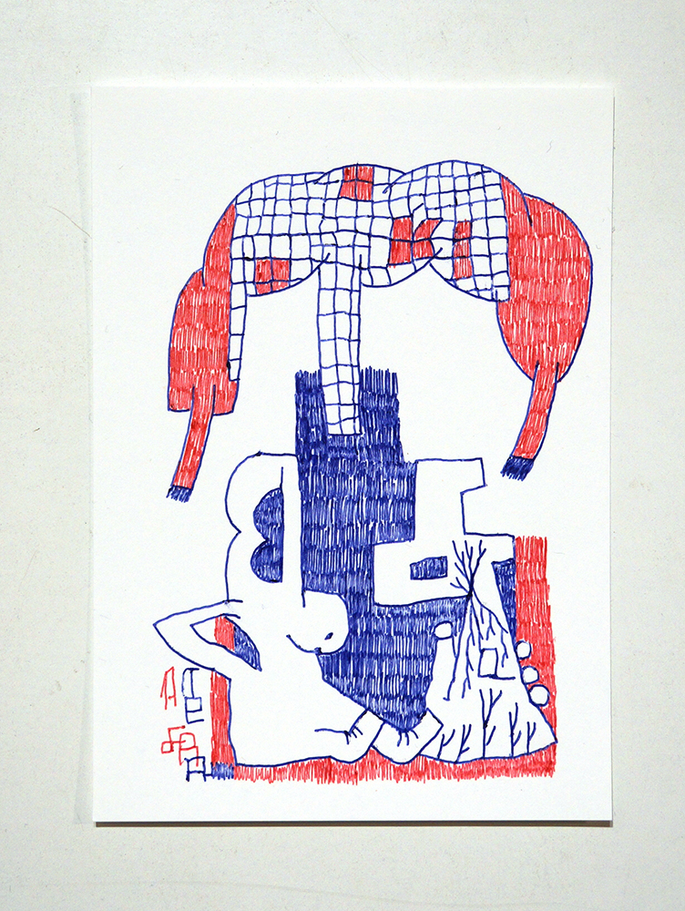 Tefra90: "Drawing 1" Original Postcard - Red Blue Series