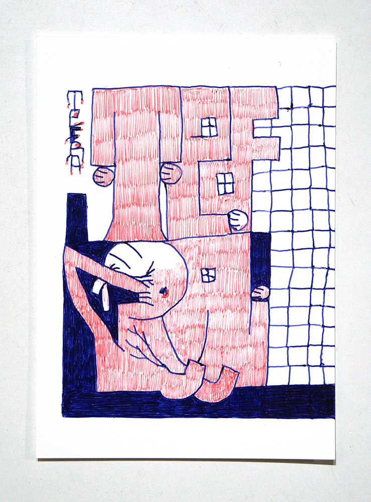 Tefra90: "Drawing 3" Original Postcard - Red Blue Series