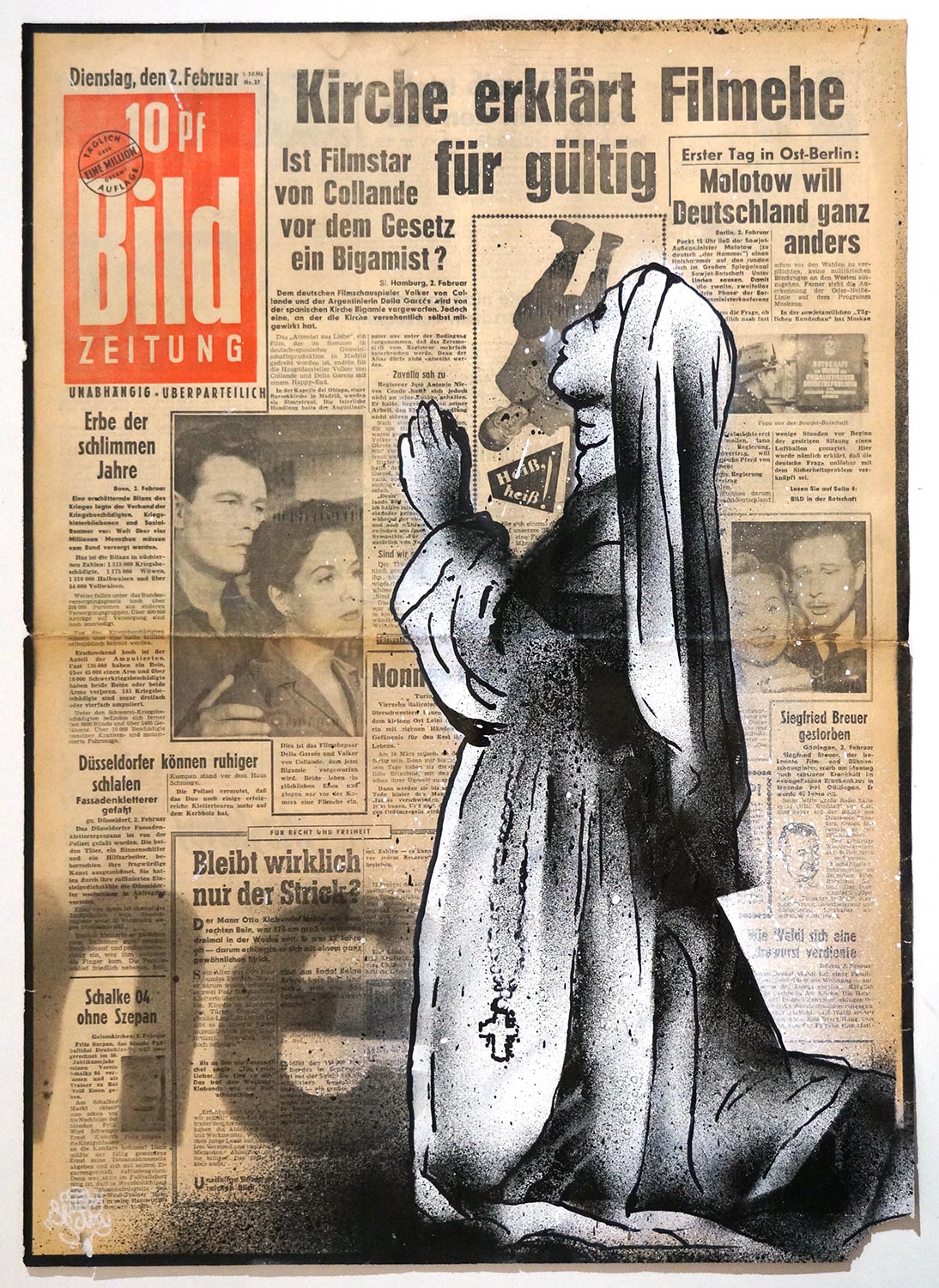 Señor Schnu: "Holy Shit"  - Original Paper Paste-Up - on newspaper 1950s - SALZIG Berlin - Streetart