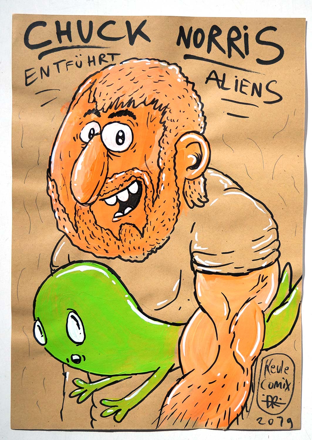 Keule aka John Reaktor: "Chuck Norris entführt Aliens"  - mixed media on paper - salzig