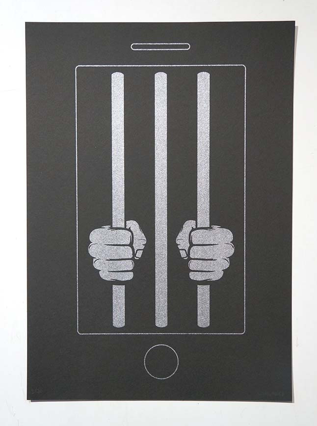 Unplugged: "Cell Phone"  - Silver Silk Screen Print on black cardpaper - SALZIG Berlin